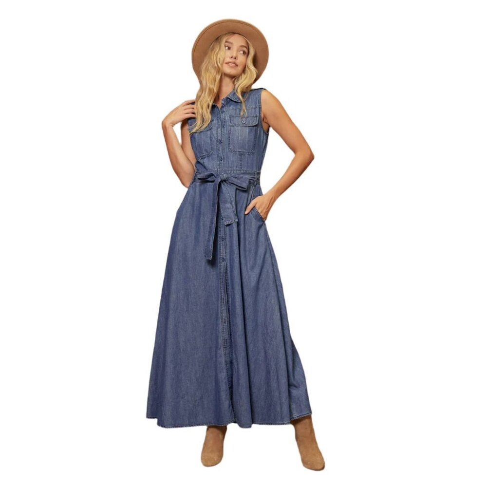 BLUIVY - CUTE SLEEVELESS DENIM MAXI DRESS